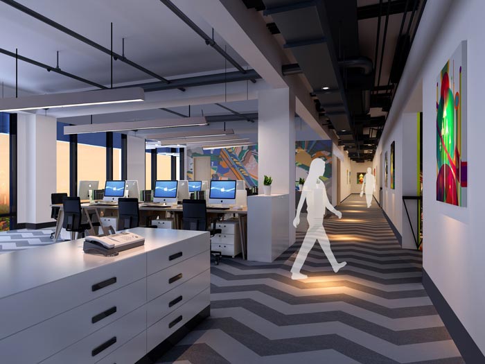 2100平方工业风办公室二楼前台装修设计案例效果图