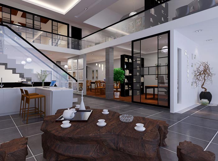 新中式loft风格办公室接待区域装修设计案例效果图